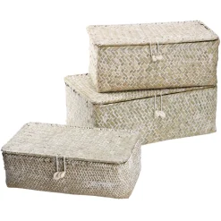 NANU-NANA 3er Set Korb Mit Deckel, Natur/weiß