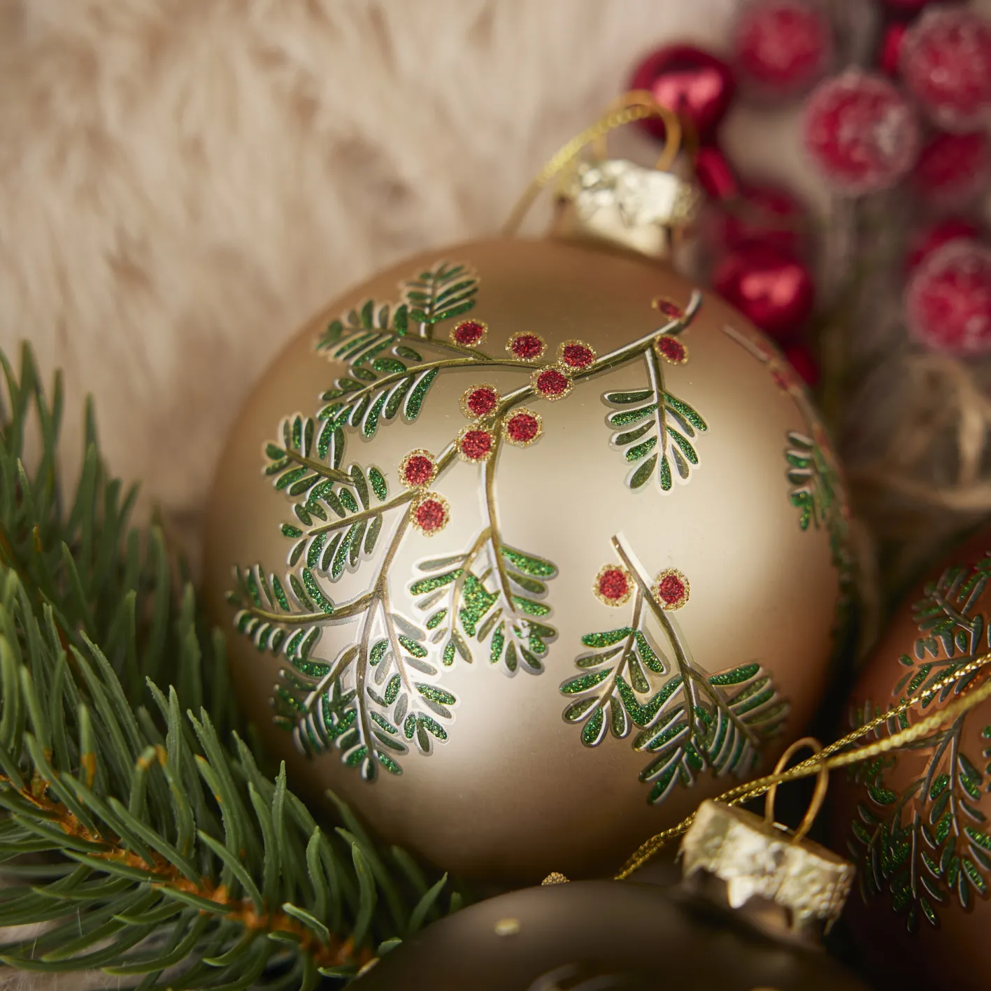 NANU-NANA Glaskugel Vintage, Ilex/champagner/matt, 8 Cm